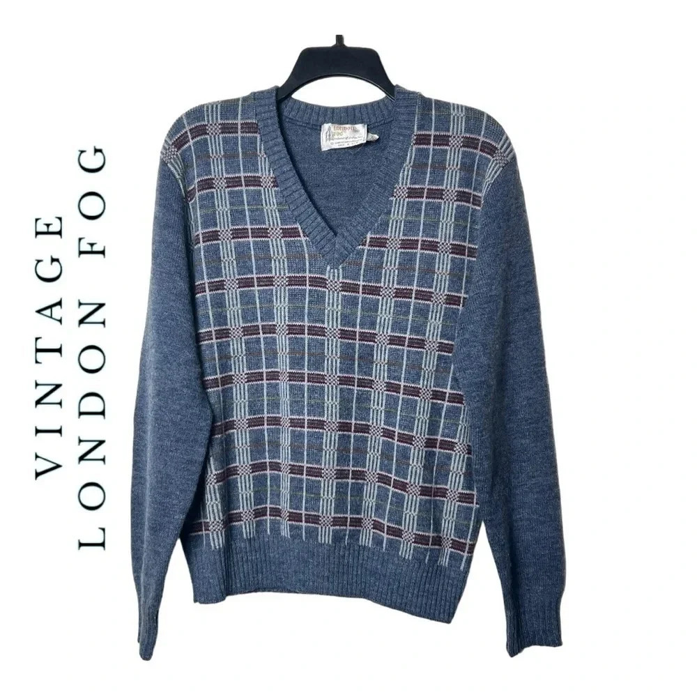 1464. VINTAGE MEN’S LONDON FOG WOOL BLEND SWEATER KNITTED PLAID PATTERN BLUE/RED